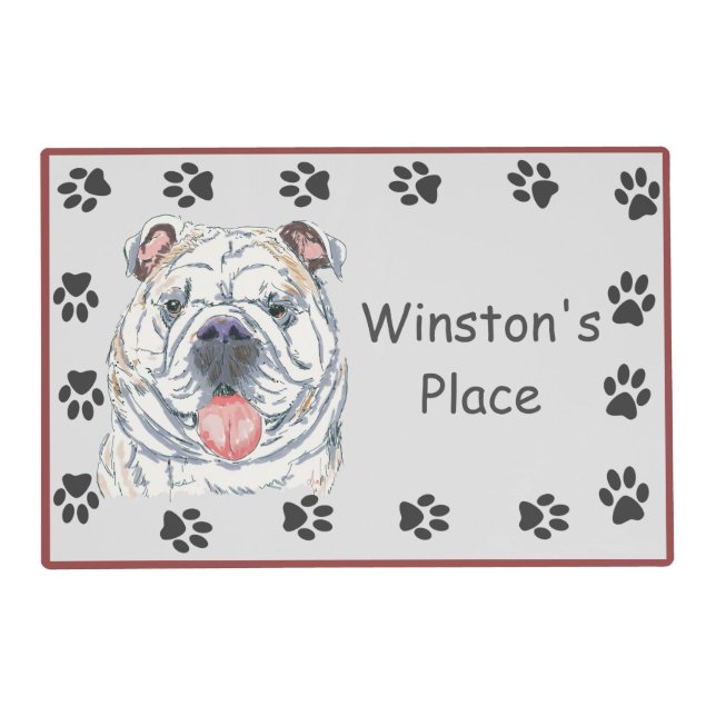 English Bulldog Smiling Dog Paw Print Personalized Placemat (Front)