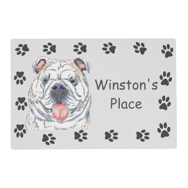 English Bulldog Smiling Dog Paw Print Personalized Placemat (Front)