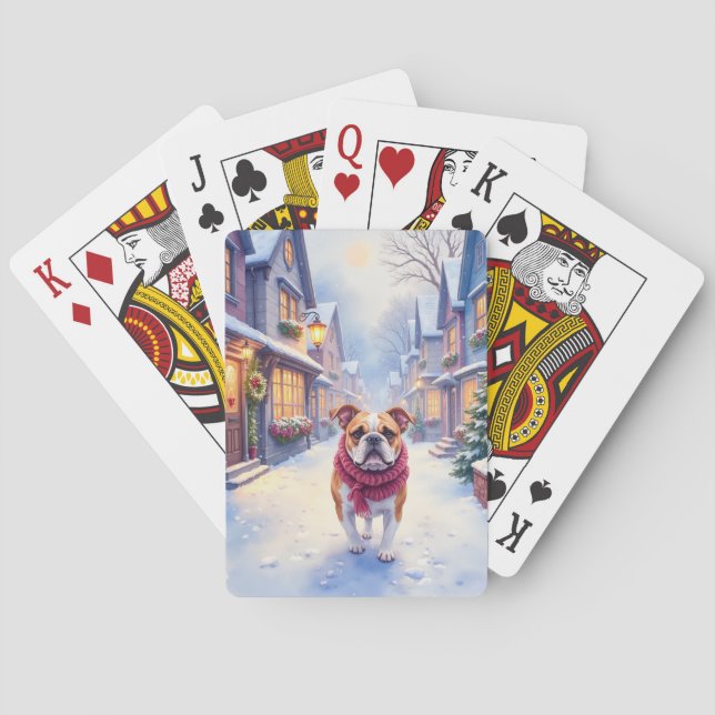 English Bulldog Snowy Christmas Village Holiday Poker Cards (Back)