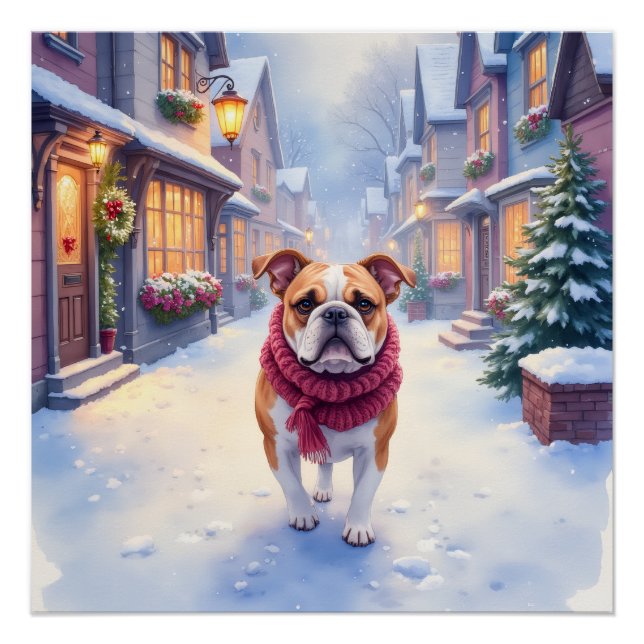 English Bulldog Snowy Christmas Village Holiday Poster (Front)