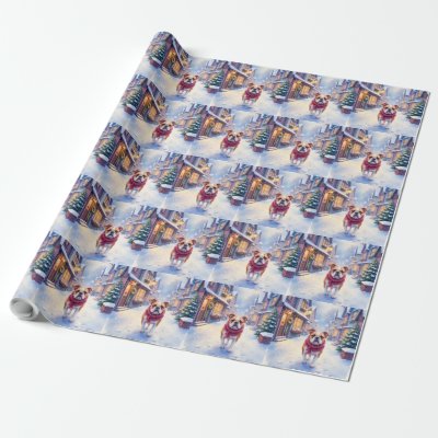 English Bulldog Snowy Christmas Village Holiday Wrapping Paper