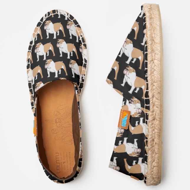 English Bulldog Standing Pattern Black Canvas Espadrilles (Side)