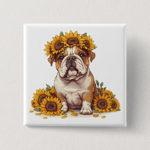 English Bulldog Sunflower Crown Button