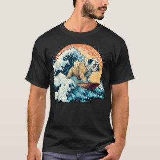 English Bulldog Surfing On The Great Wave Of T-Shirt