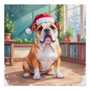 English Bulldog Teacher Classroom Santa Hat Poster