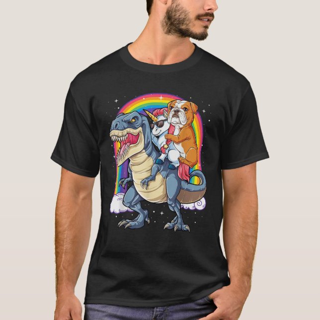 English Bulldog Unicorn Dinosaur T rex Girls Rainb T-Shirt (Front)