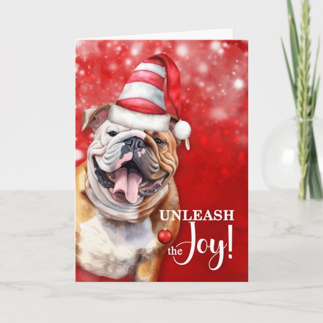 English Bulldog Unleash the Joy Christmas Holiday Card (Front)