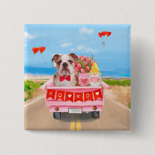 English Bulldog Valentine's Day Truck Hearts Button