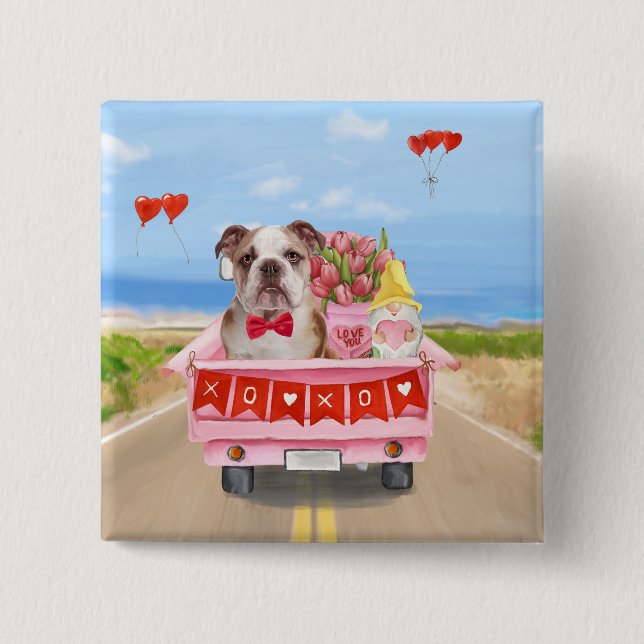 English Bulldog Valentine's Day Truck Hearts Button (Front)