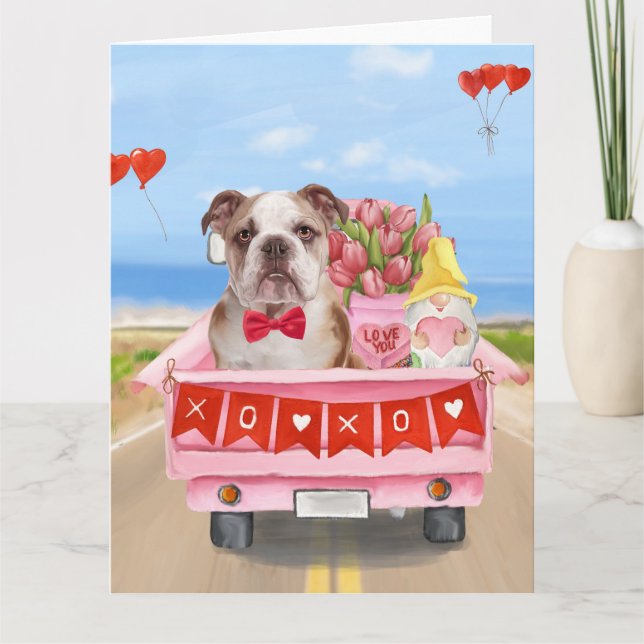 English Bulldog Valentine's Day Truck Hearts Card (Front)