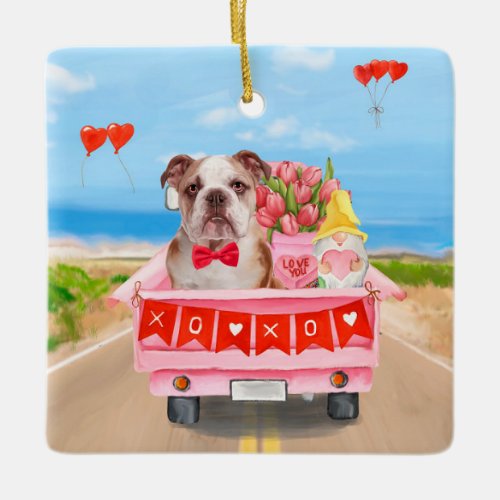 English Bulldog Valentines Day Truck Hearts Ceramic Ornament