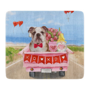 English Bulldog Valentine's Day Truck Hearts Cutting Board