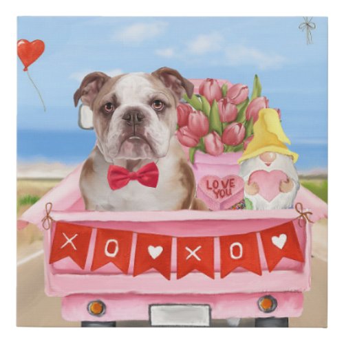 English Bulldog Valentines Day Truck Hearts Faux Canvas Print