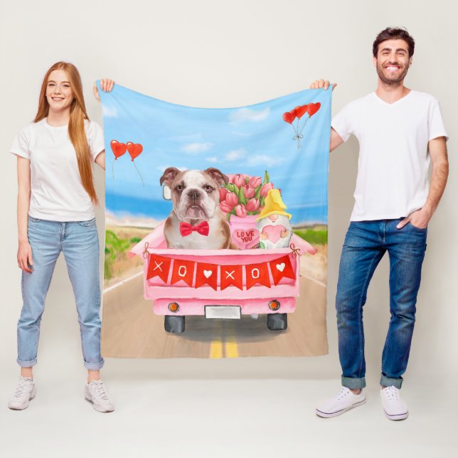 English Bulldog Valentine's Day Truck Hearts Fleece Blanket (In Situ)
