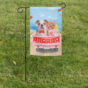 English Bulldog Valentine's Day Truck Hearts Garden Flag