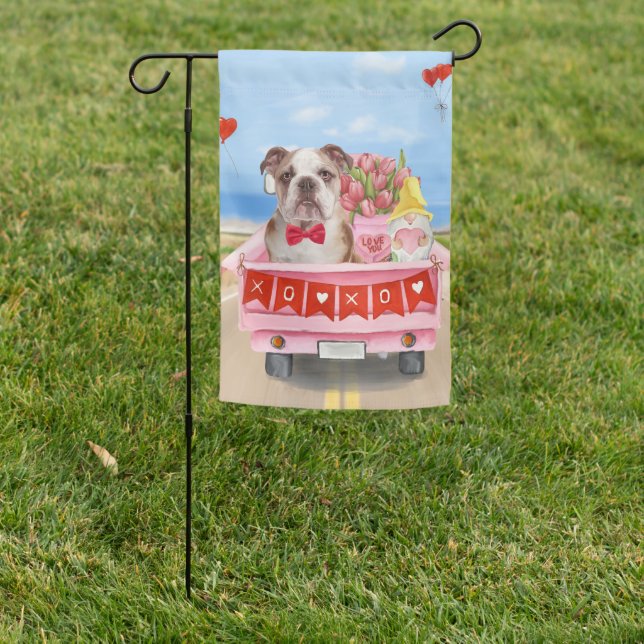English Bulldog Valentine's Day Truck Hearts Garden Flag (In SItu)