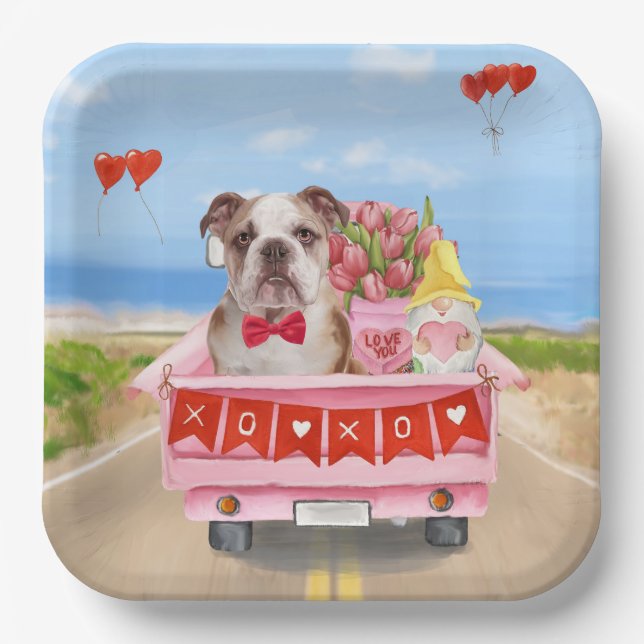 English Bulldog Valentine's Day Truck Hearts Paper Plates (Front)