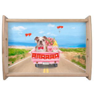 English Bulldog Valentine's Day Truck Hearts Serving Tray