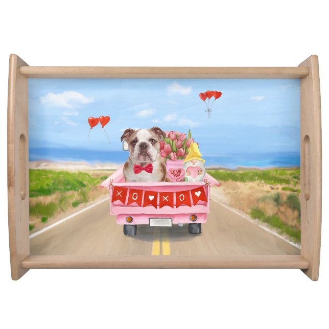 English Bulldog Valentine's Day Truck Hearts Serving Tray (Front)