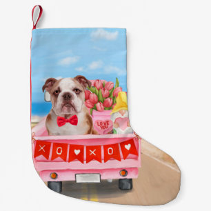 English Bulldog Valentine's Day Truck Hearts Small Christmas Stocking