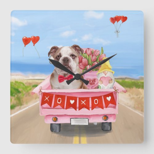 English Bulldog Valentines Day Truck Hearts Square Wall Clock