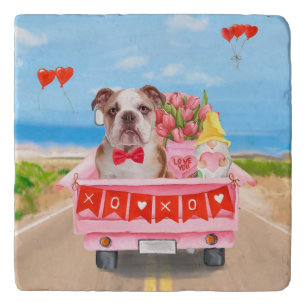 English Bulldog Valentine's Day Truck Hearts Trivet