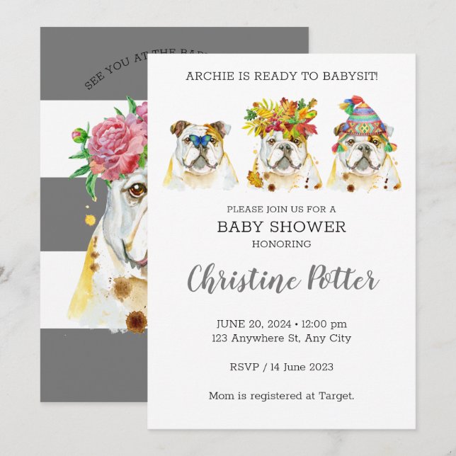 English Bulldog Watercolor Baby Shower Invitation (Front/Back)