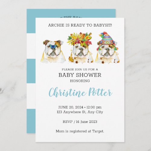 English Bulldog Watercolor Baby Shower Invitation