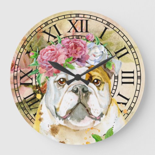 English bulldog watercolor vintage rose flowers large clock