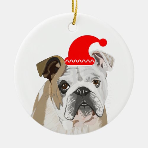 English Bulldog Wearing a Red Santa Hat Ceramic Ornament