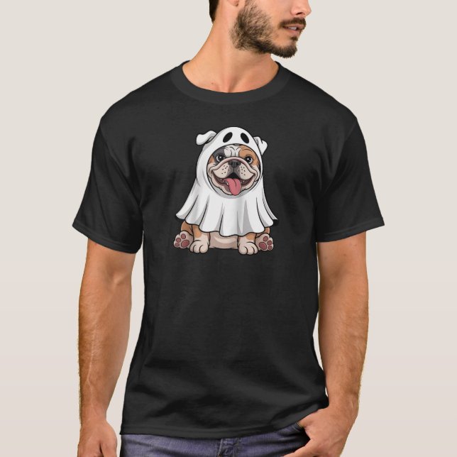 English Bulldog Wearing A White Ghost Costume Dog  T-Shirt (Front)