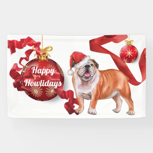 English bulldog wearing Christmas hat tree balls B Banner