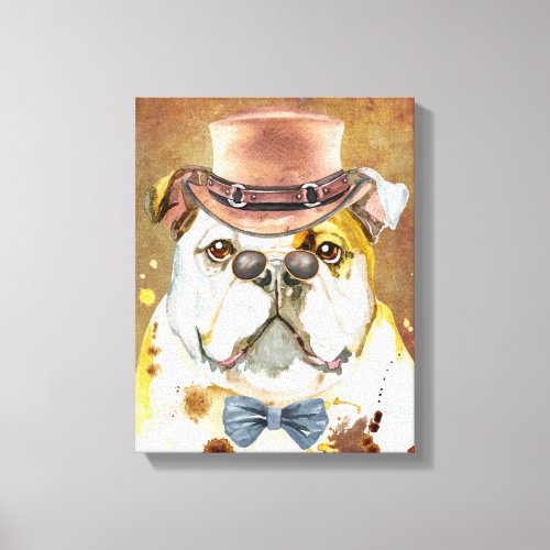 English Bulldog wearing hat glasses watercolor Canvas Print