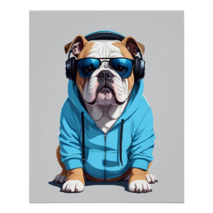 English Bulldog Wearing Hoodie Funny Cool Music Poster
