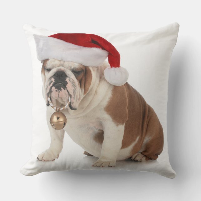 English Bulldog Wearing Santa Hat Throw Pillow (Front)