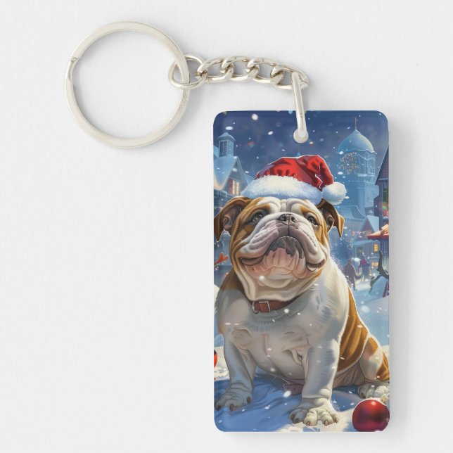English Bulldog Winter Wonderland Christmas Joy  Keychain (Front)