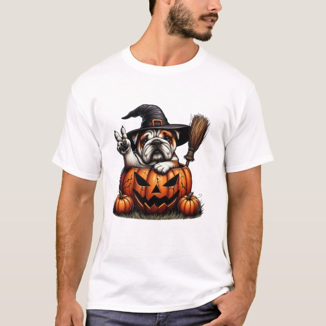 English Bulldog Witch Pumpkin T-Shirt (Front)