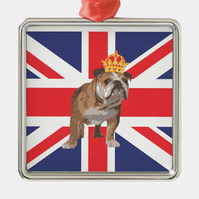 English Bulldog with Crown and Union Jack Metal Ornament (Front)
