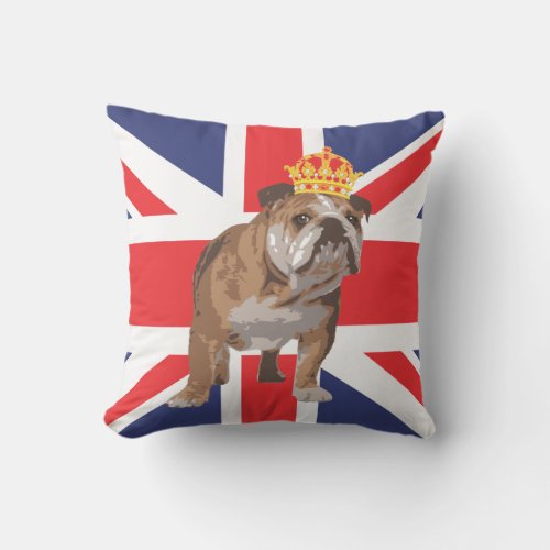 English Bulldog with Crown and Union Jack Pillow