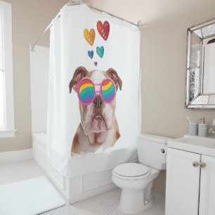 English Bulldog with Hearts Valentine's Day  Shower Curtain