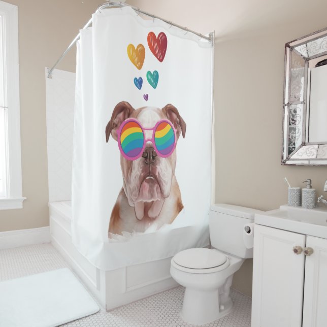 English Bulldog with Hearts Valentine's Day  Shower Curtain (In Situ)