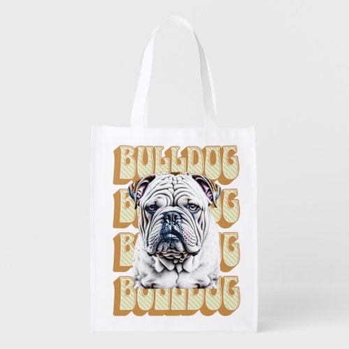 English Bulldog with Retro Font Grocery Bag