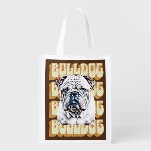 English Bulldog with Retro Font Grocery Bag