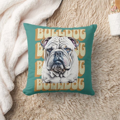 English Bulldog with Retro Font Throw Pillow