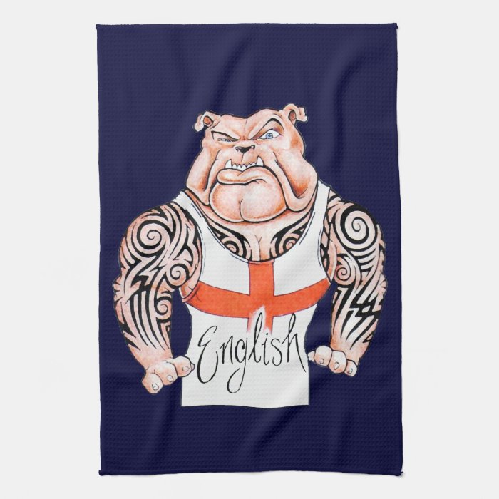 English Bulldog with Tribal Tattoo on Arms Kitchen Towel