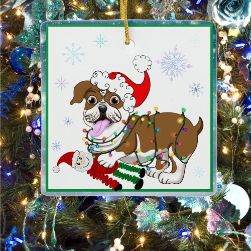 English Bulldog with Xmas Lights And Santa Toy Ceramic Ornament