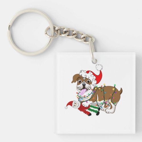 English Bulldog With Xmas Lights Keychain