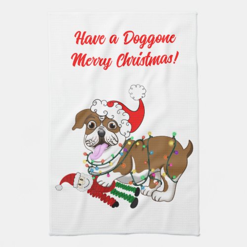 English Bulldog With Xmas Lights   Long Apron Kitchen Towel