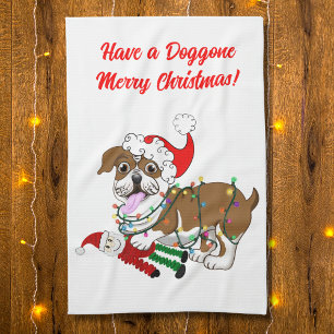 English Bulldog With Xmas Lights   Long Apron Kitchen Towel
