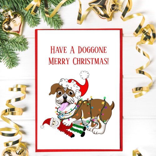 English Bulldog With Xmas Lights Merry Christmas Holiday Postcard